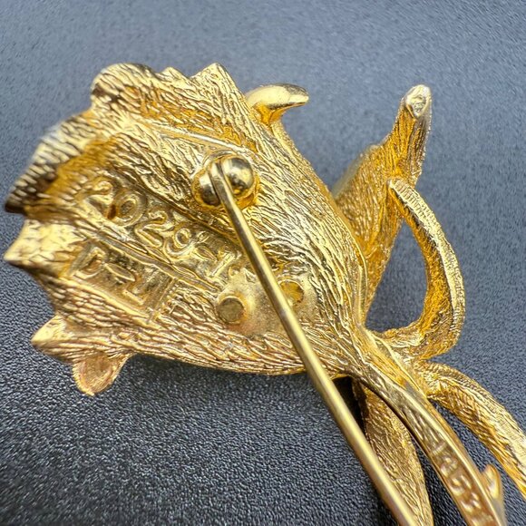 Gold-Toned Rose Brooch Pin Textured Metal Flower Design Signed Vintage Costume J - Picture 4 of 7